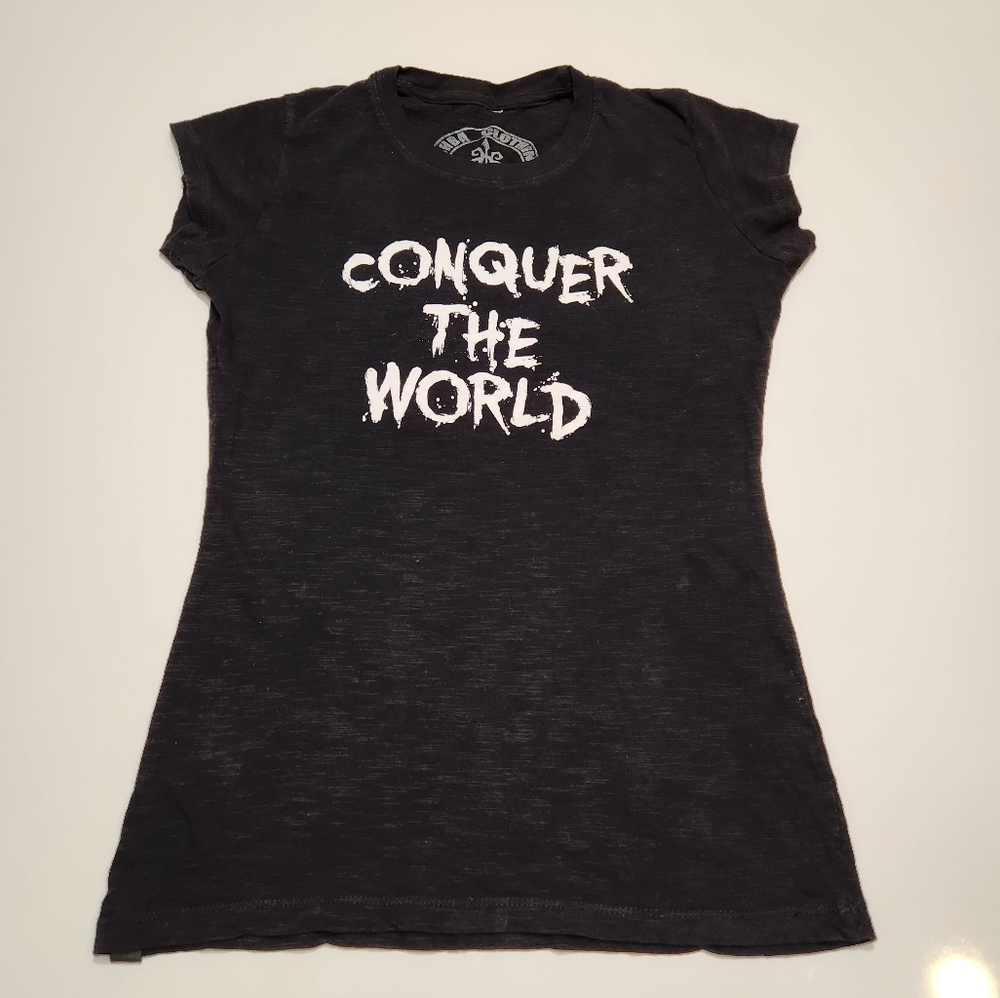 RARE Rockstar ASHBA Clothing Conquer the World Womens Bodycon Tshirt- size Large
